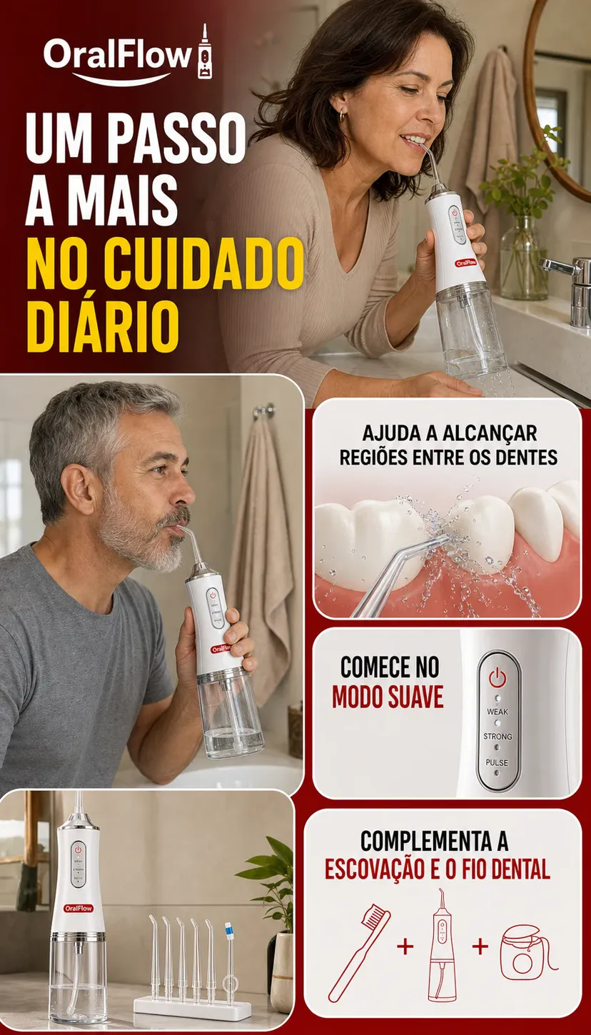OralFlow como parte do cuidado diário, com orientações de uso e limpeza entre os dentes